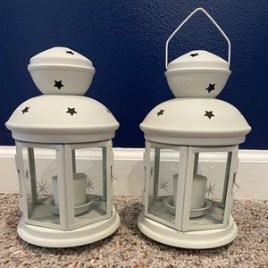Set of 2 White Candle Lanterns with Star Pattern